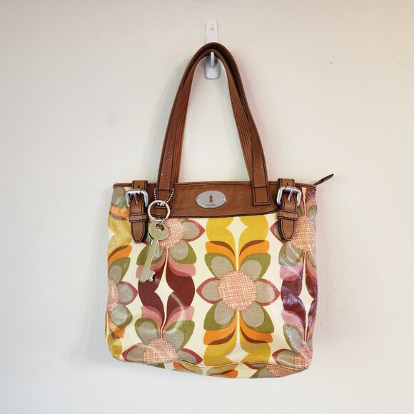 FOSSIL Floral Print Coated Canvas/Leather Tote Bag Key-Per Purse VGPC - Picture 1 of 16